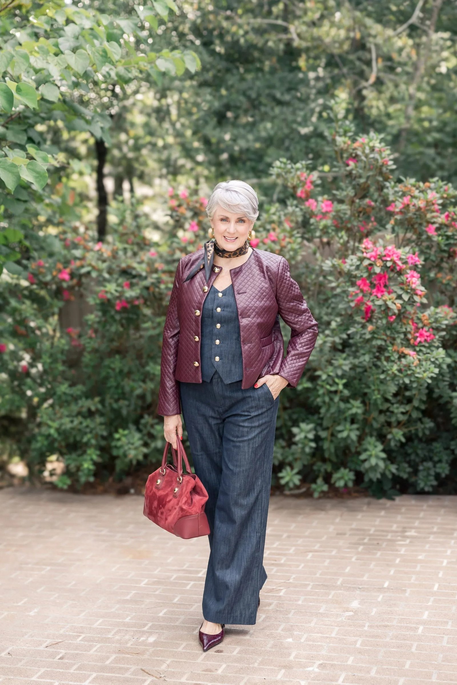 Quilted Burgundy Jacket with Wide-Leg Jeans - fall jeans outfit for women over 40