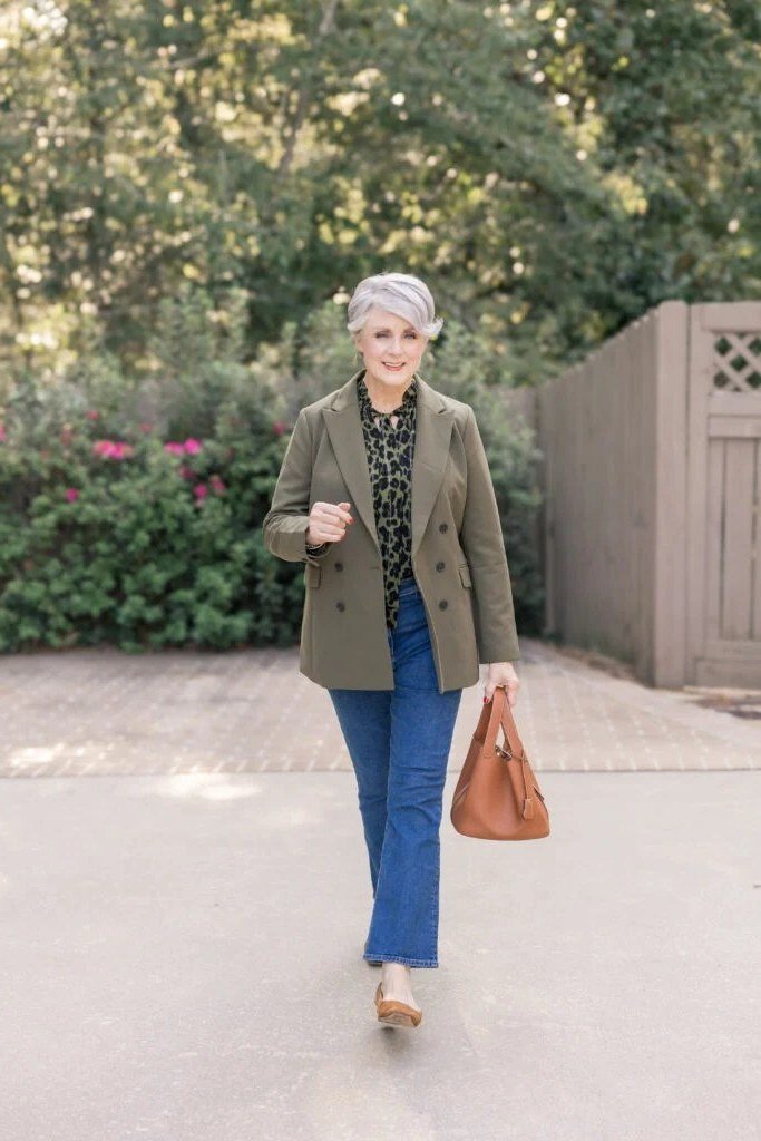 Olive Blazer with Leopard Blouse and Jeans - fall jeans outfit for women over 40