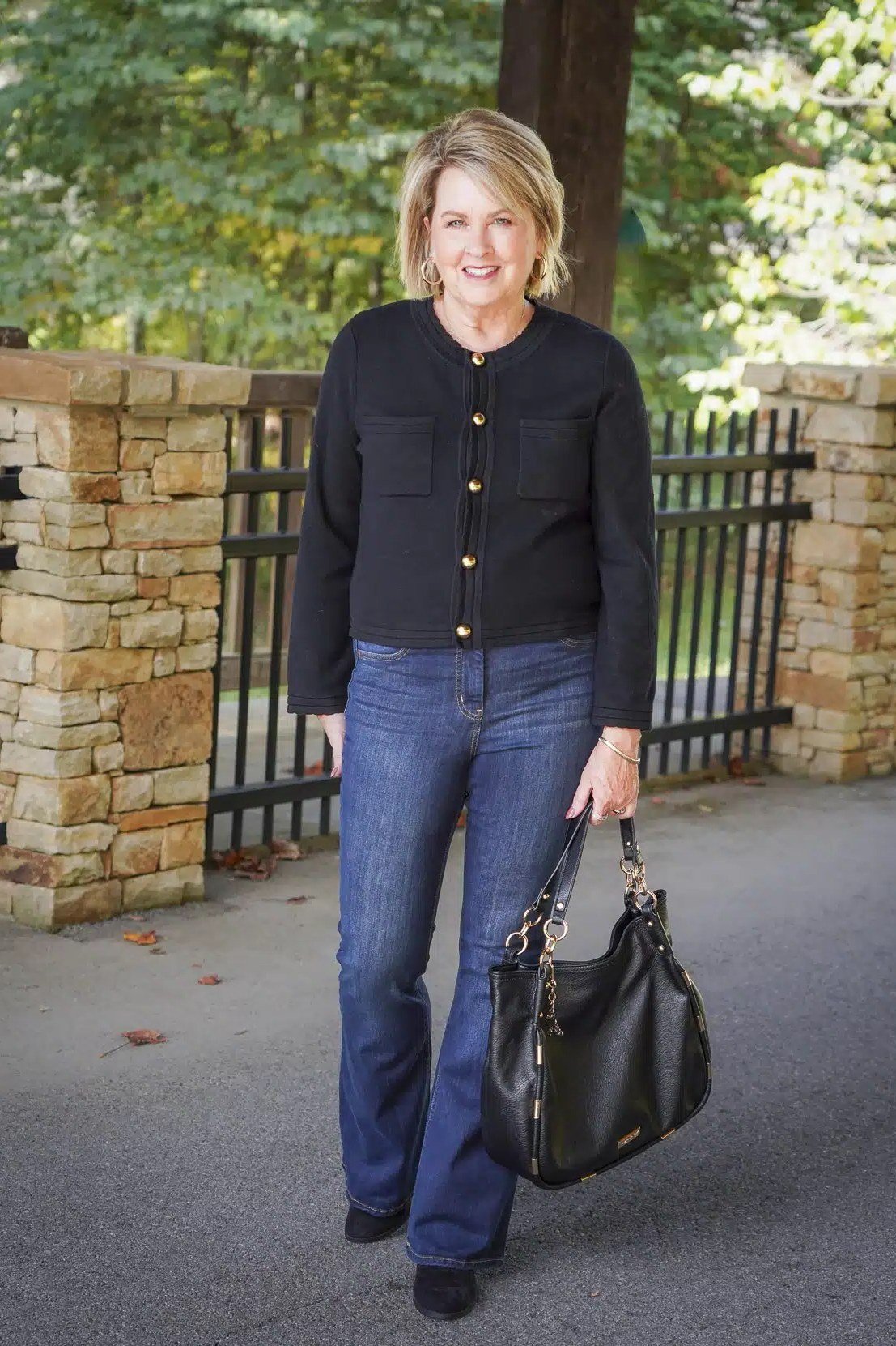 Gold-Button Cardigan with Flare Jeans - fall jeans outfit for women over 40