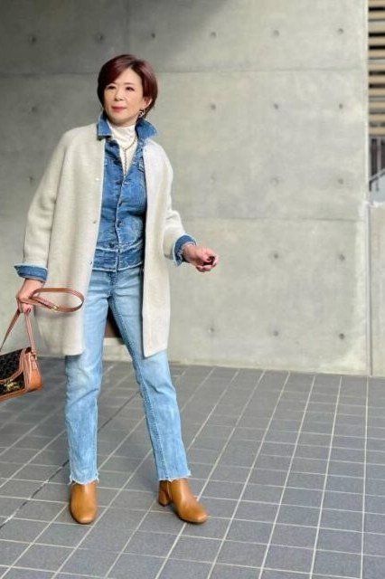 Long Cardigan with Denim Shirt and Jeans - fall jeans outfit for women over 40