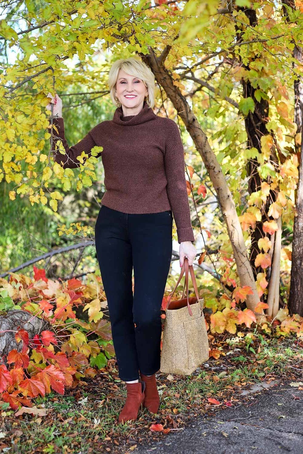 Brown Turtleneck with Black Jeans - fall jeans outfit for women over 40