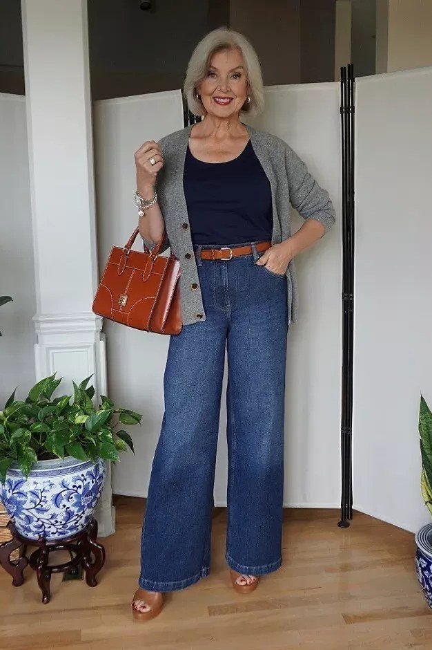 Grey Cardigan with Wide-Leg Blue Jeans - fall jeans outfit for women over 40