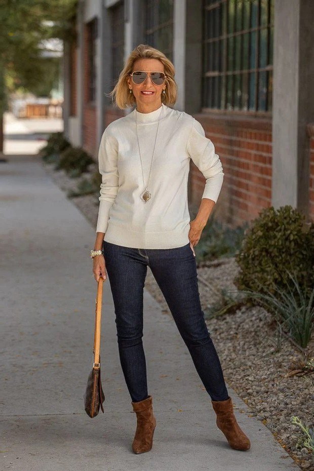 Cream Mock-Neck Sweater with Skinny Jeans - fall jeans outfit for women over 40