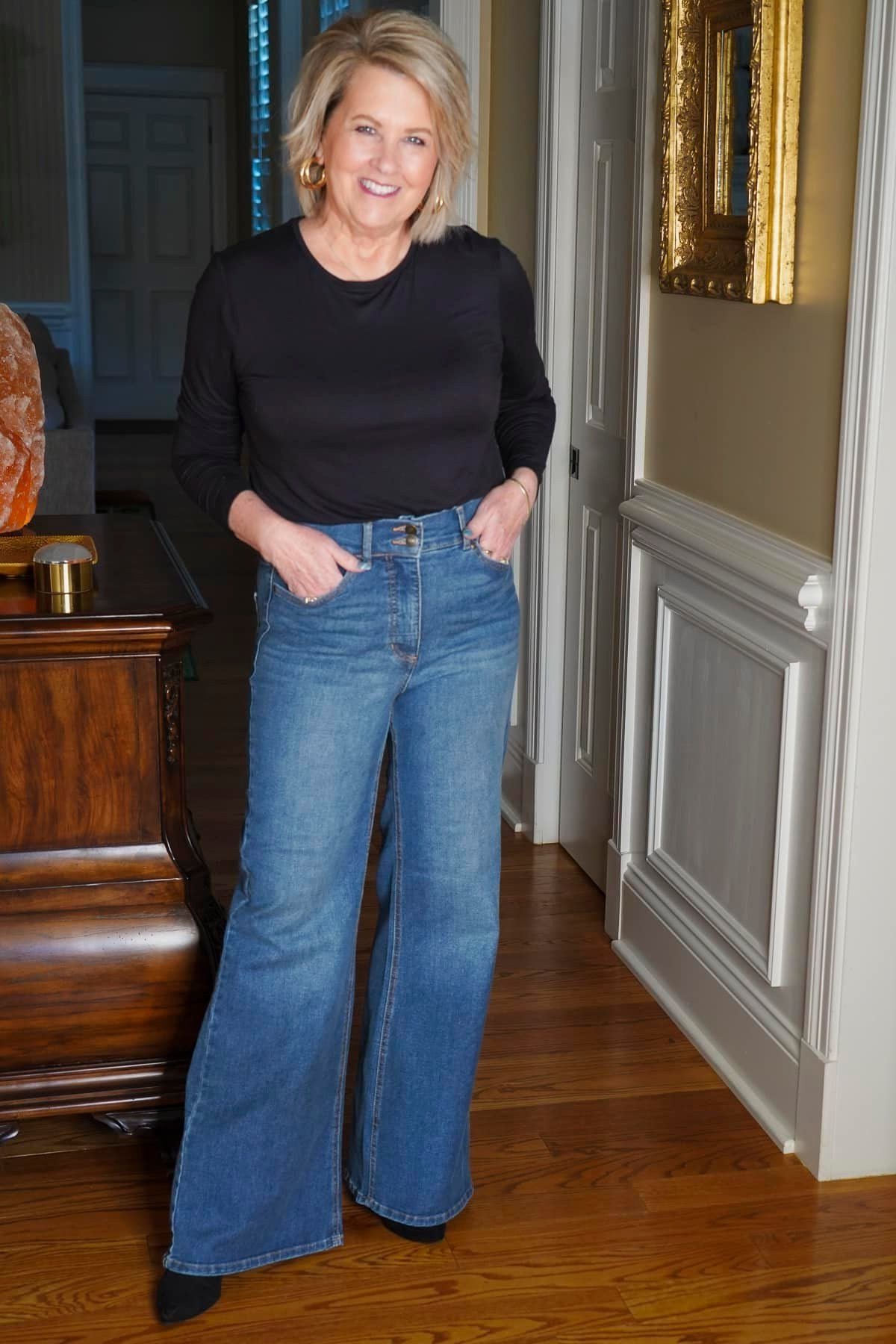 Black Top with Wide-Leg Jeans - fall jeans outfit for women over 40