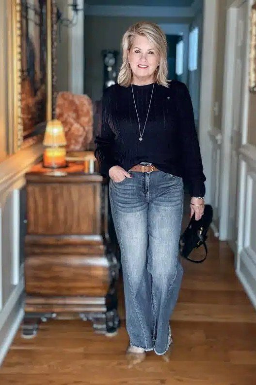 Black Sweater with Light-Wash Wide-Leg Jeans - fall jeans outfit for women over 40