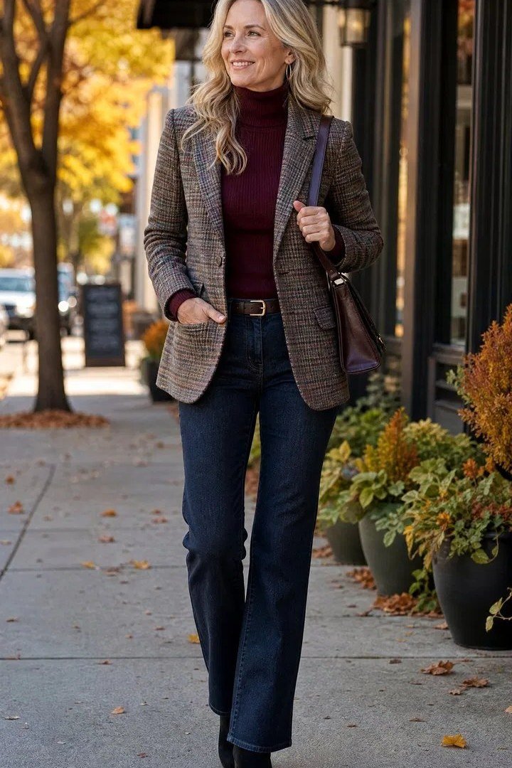 Plaid Blazer with Burgundy Turtleneck and Jeans - fall jeans outfit for women over 40