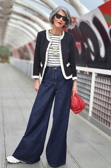 Tweed Jacket with Wide-Leg Jeans - fall jeans outfit for women over 40
