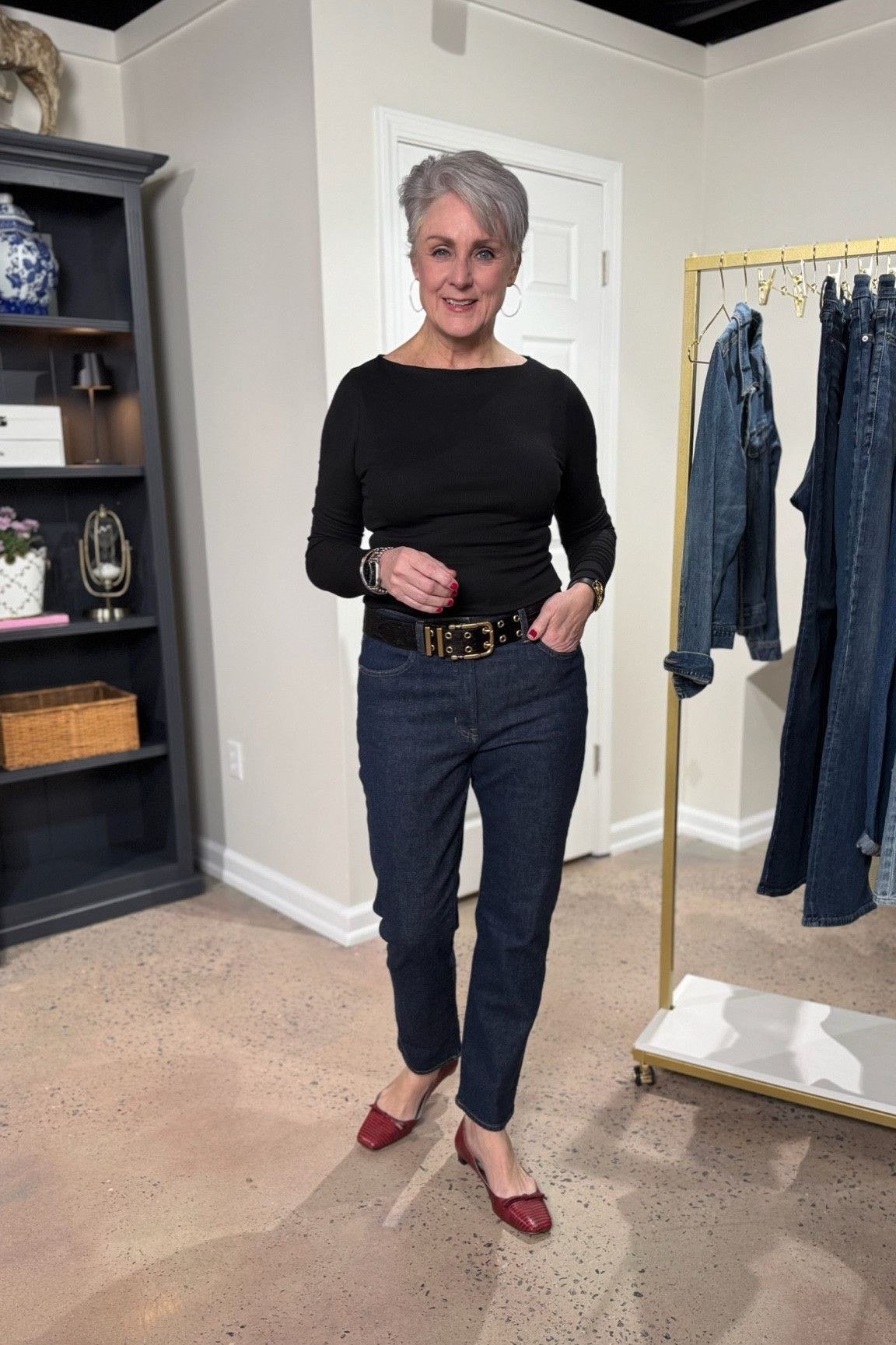 Black Top with Dark Jeans and Red Flats - fall jeans outfit for women over 40