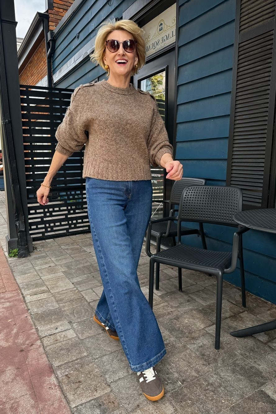 Taupe Knit Sweater with Blue Jeans - fall jeans outfit for women over 40
