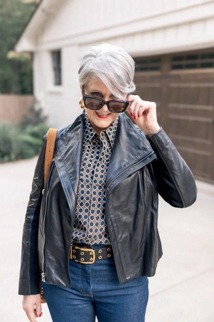 Leather Moto Jacket with Blue Jeans - fall jeans outfit for women over 40