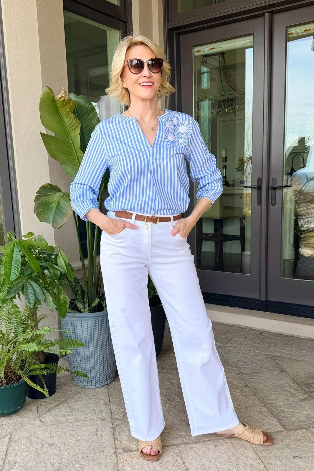 Striped Blouse with White Wide-Leg Jeans - fall jeans outfit for women over 40