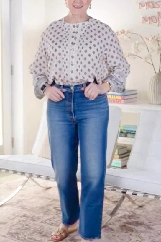 Polka-Dot Blouse with Blue Jeans - fall jeans outfit for women over 40