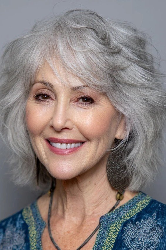 Silver voluminous rounded bob on a woman over 60, front view
