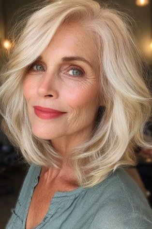 Blonde layered lob on a woman over 60, front view
