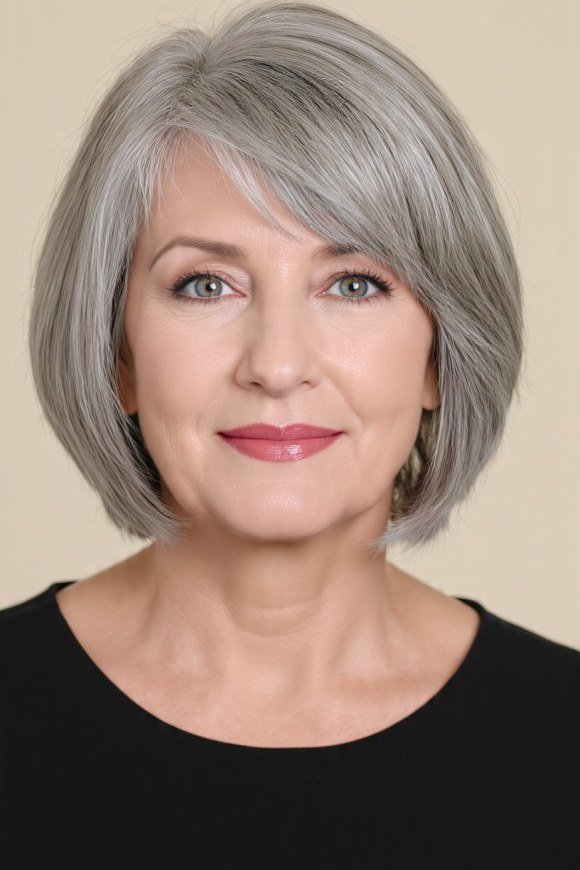 Silver chin-length bob on a woman over 60, front view