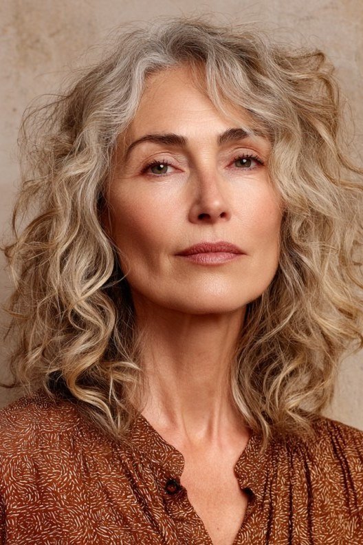 Blonde curly bob on a woman over 60, front view