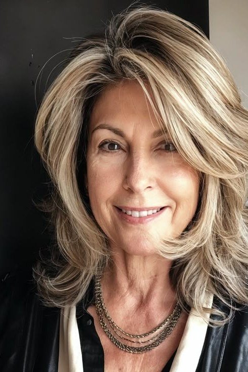 Blonde layered lob on a woman over 60, side view