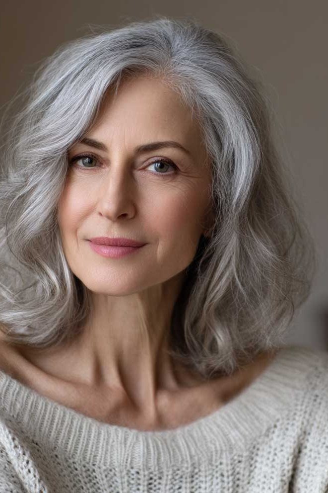Silver wavy bob on a woman over 60, front view