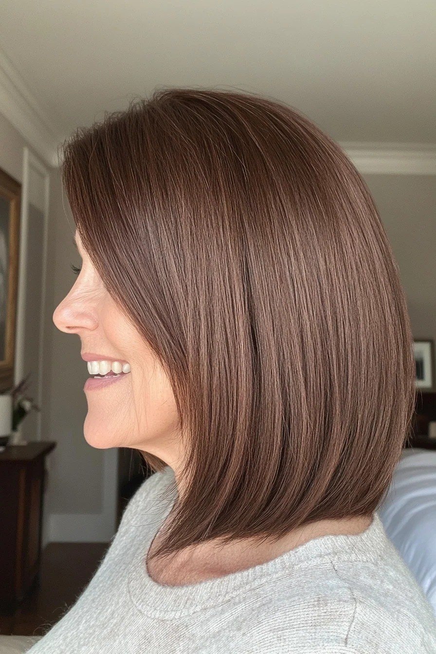 Chestnut straight lob on a woman over 60, side view