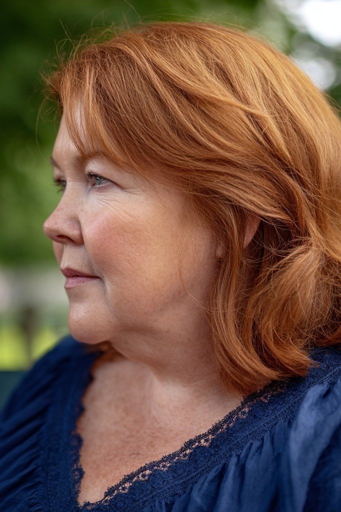 Copper wavy lob on a woman over 60, side view