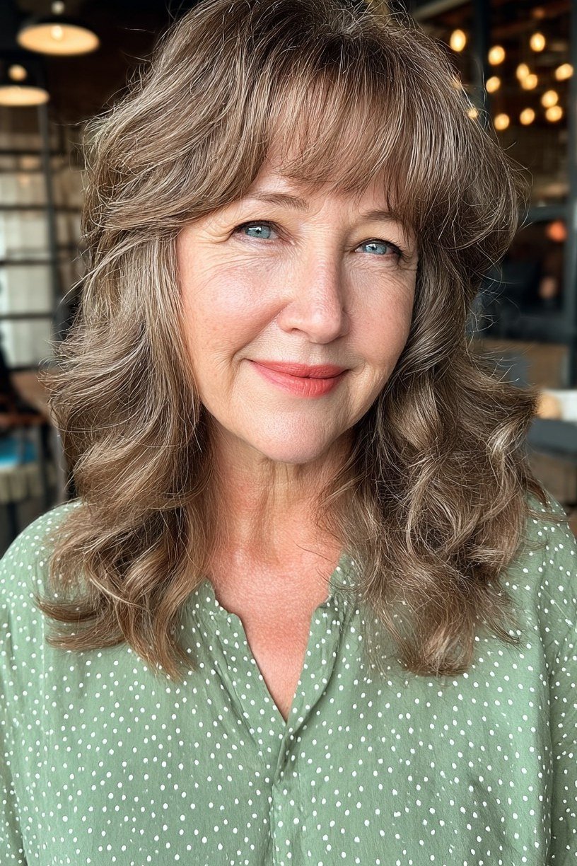 Brunette curly lob on a woman over 60, front view