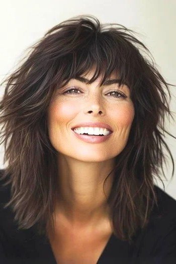 Brunette shag with bangs on a woman over 60, front view