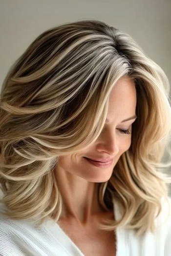 Blonde layered lob on a woman over 60, front view