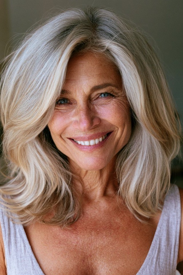 Silver wavy lob on a woman over 60, front view