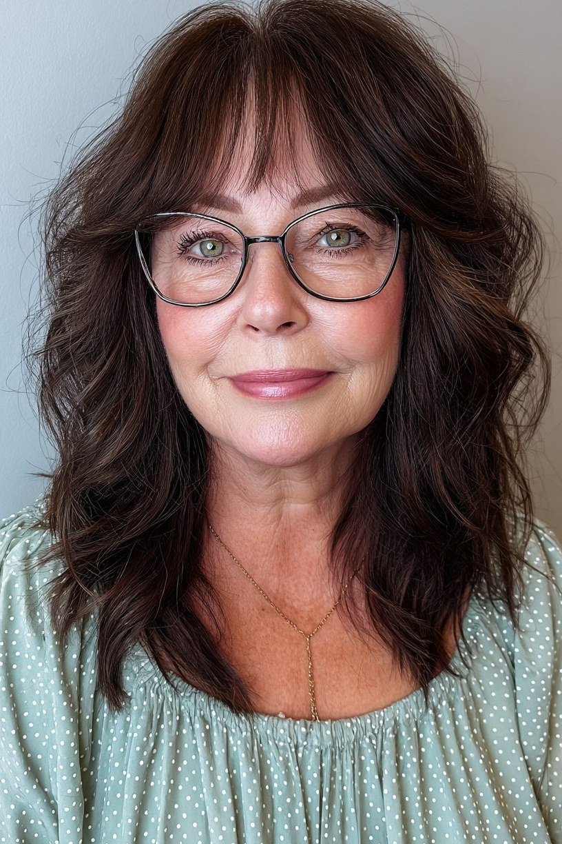 Brunette curly lob with glasses on a woman over 60, front view