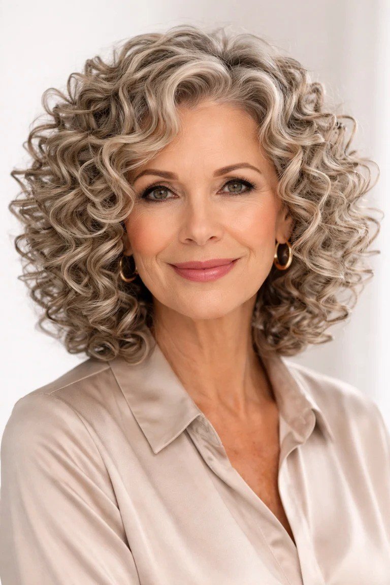 Silver tight-curly bob on a woman over 60, front view