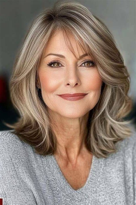 Silver layered lob on a woman over 60, front view