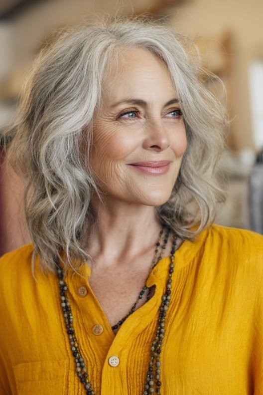 Silver wavy lob on a woman over 60, front view
