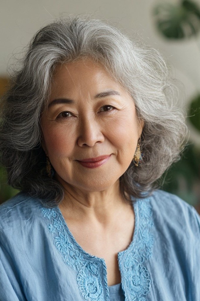 Silver wavy lob on an Asian woman over 60, front view