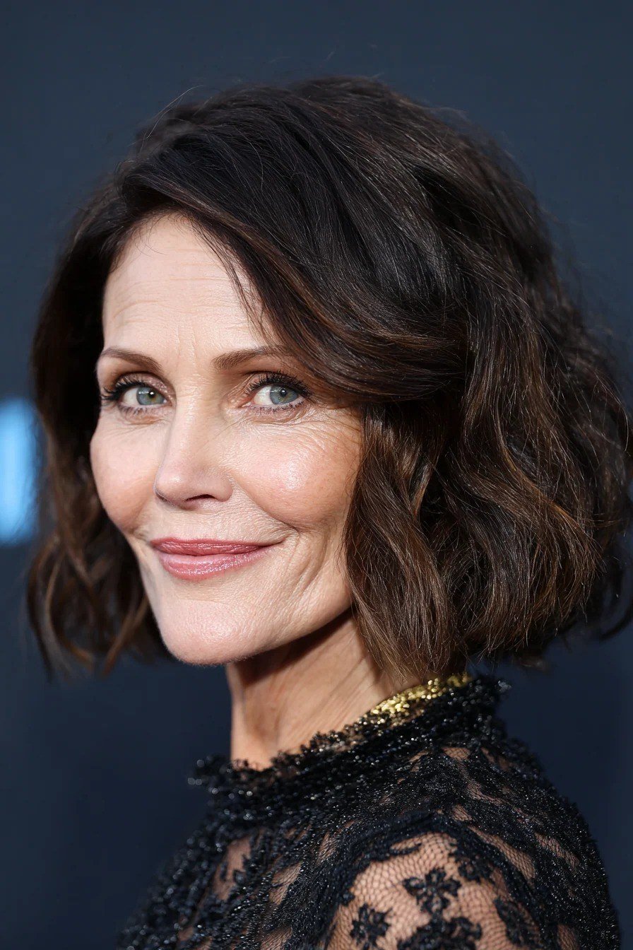 Dark wavy bob on a woman over 60, front view