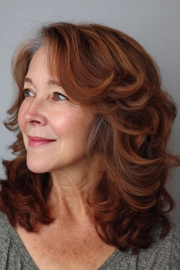 Copper curly lob on a woman over 60, side view