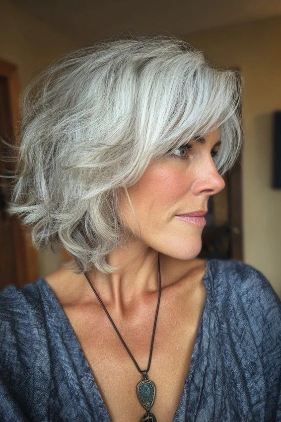 Silver bob on a woman over 60, side view