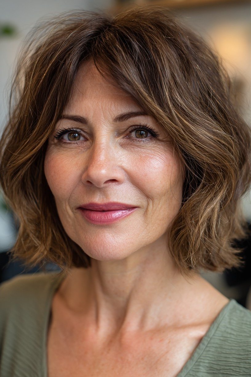 Chestnut wavy bob on a woman over 60, front view