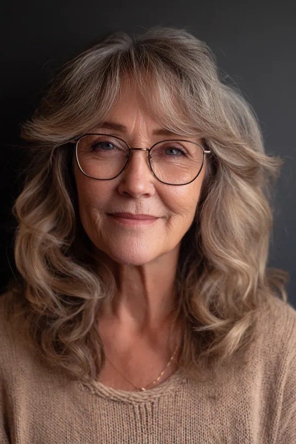 Silver wavy bob with glasses on a woman over 60, front view