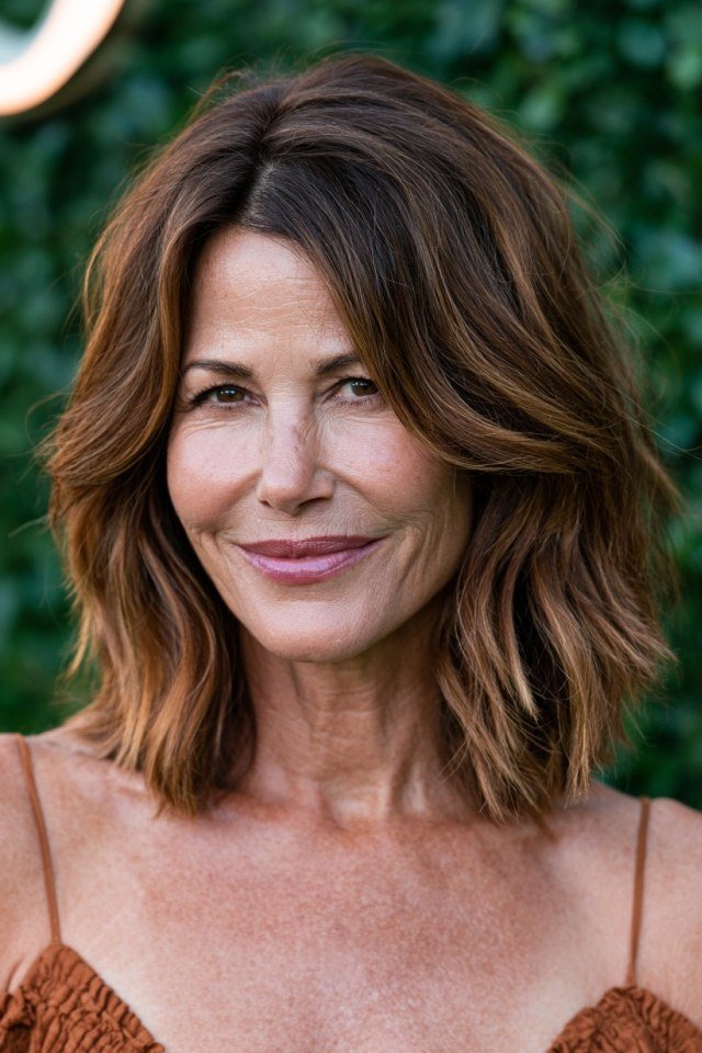 Chestnut lob on a woman over 60, front view