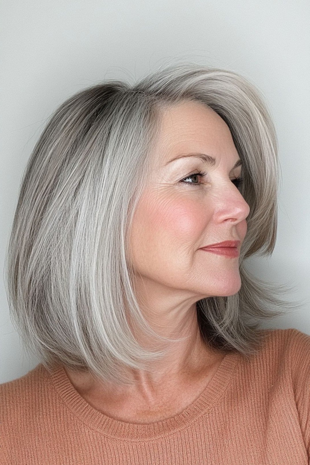 Silver lob on a woman over 60, side view