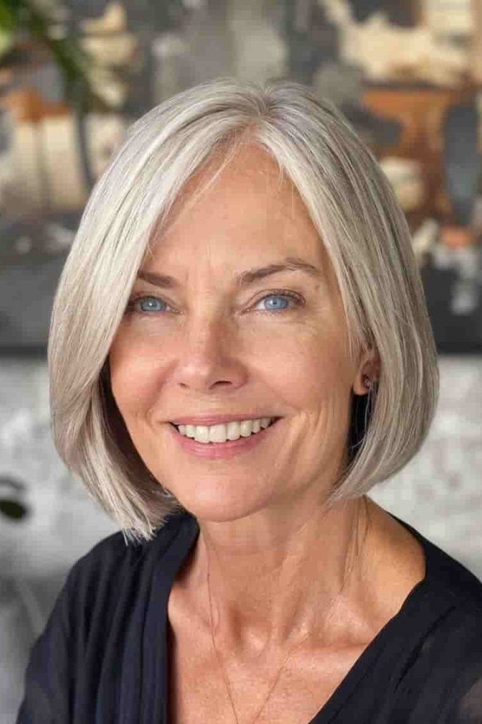 Silver bob on a woman over 60, front view