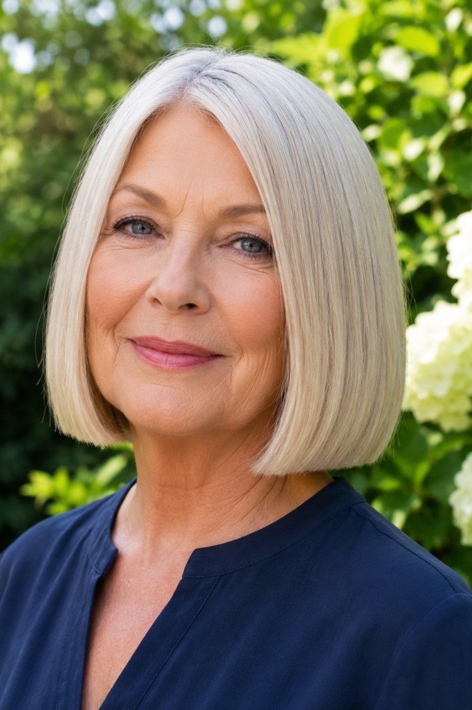 White bob on a woman over 60, front view