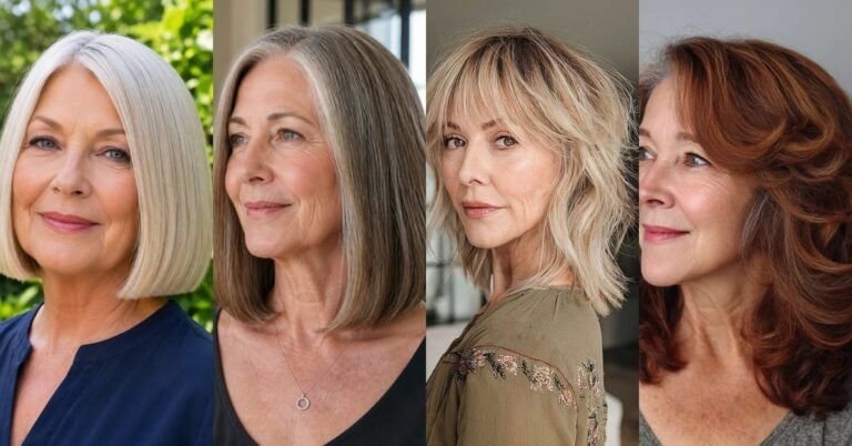 Collage of flattering medium hairstyles for women over 60
