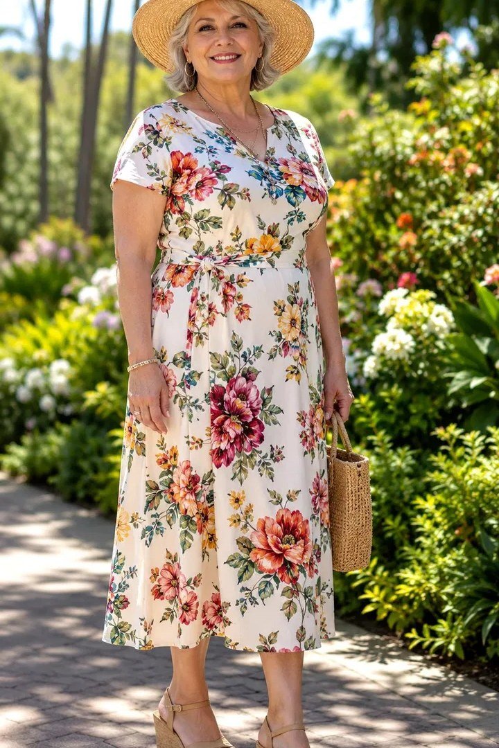 Flattering white floral midi with straw hat, garden for women over 60