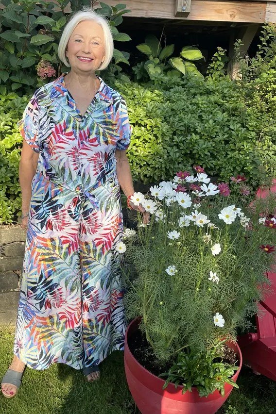 Flattering tropical floral leaf print sleeveless midi, garden for women over 60