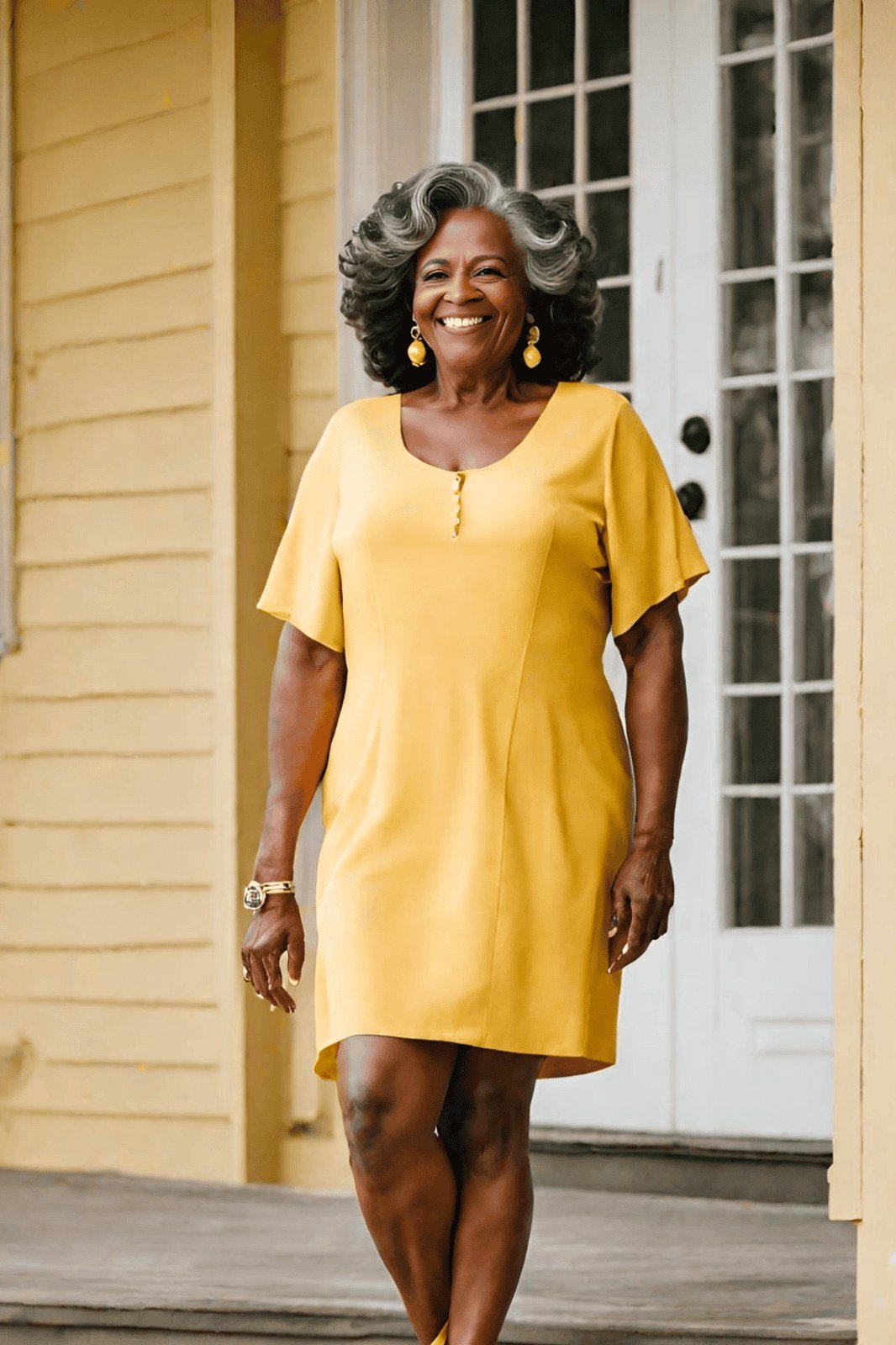 Flattering yellow short-sleeve midi, porch for women over 60