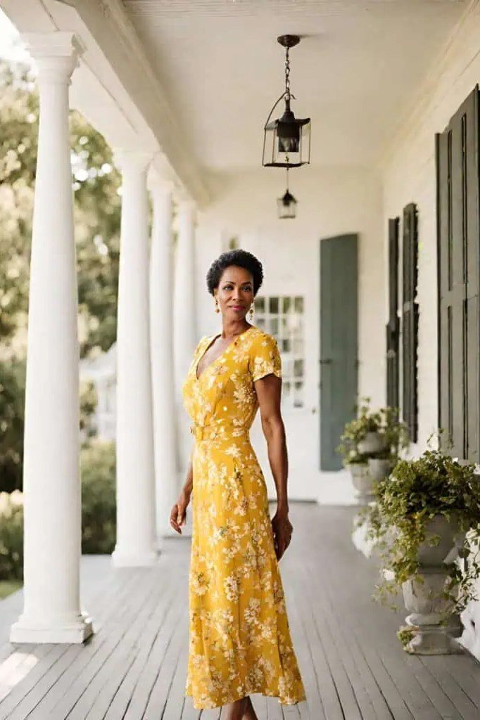 Flattering yellow floral maxi, Black woman, columned porch for women over 60
