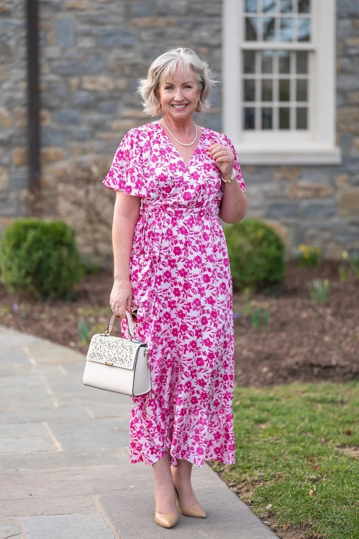 Flattering pink floral midi, stone house for women over 60
