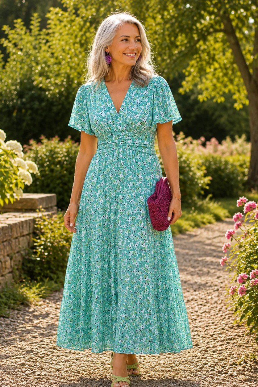 Flattering teal floral wrap midi, garden path for women over 60