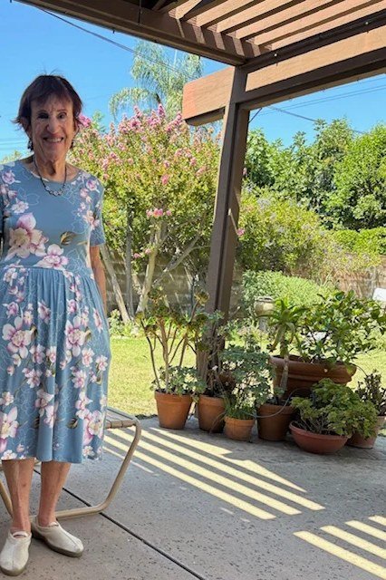 Flattering blue floral midi, patio for women over 60